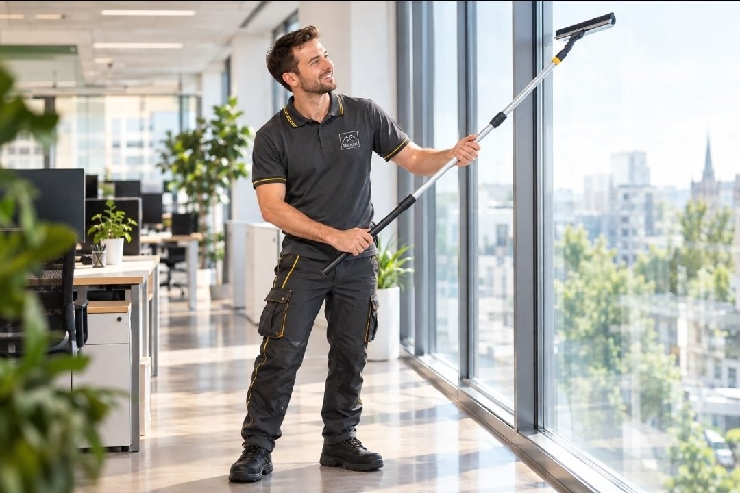 Fensterreinigung in einem hellen Büro