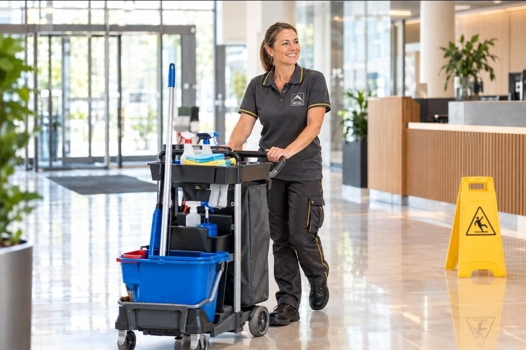 Reinigungskraft von Trastulli mit Reinigungswagen im Eingangsbereich eines Objekts