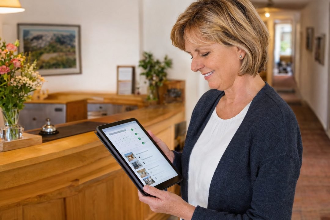 Pensionsinhaberin nutzt den persönlichen Kundenbereich von Trastulli auf einem Tablet